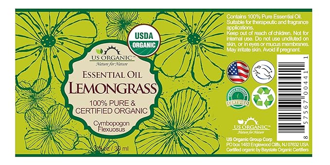 US Organic 100% Pure Lemongrass Essential Oil, USDA Certified Organic, Extracted by Steam Distillation Method, for Hair, Nail Polish Remover, Bees Attraction, and More. 30 ml, Value 2 Pack-FemmiqueWomen
