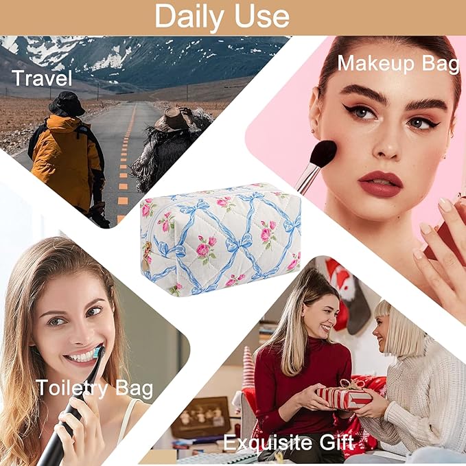 Makeup Bag Travel Cosmetic Bag for Women Girls, Zipper Make Up Pouch, Floral Flowers Toiletry Organizer Makeup, Portable Storage Bag, Cosmetic Travel Cloth Bag (Blue Bowknot/Gold Zipper)-FemmiqueWomen