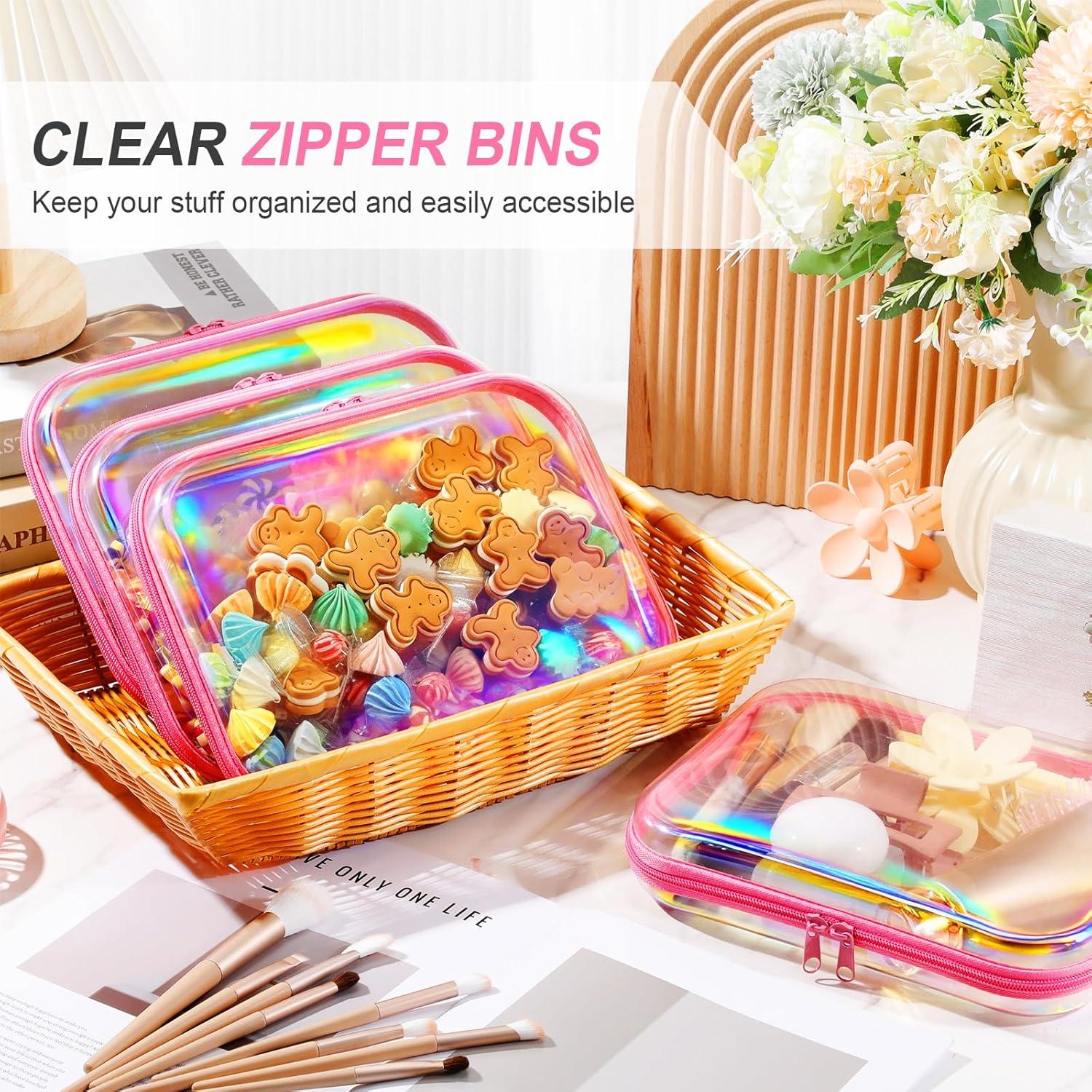 Hoolerry 4 Pcs Hard Clear Zipper Case Makeup Bags Plastic Pencil Pouch Transparent Storage Box Containers for Cosmetics, Snacks, Building Blocks, Puzzles(Pink Laser,9.8 x 7.9 x 2 in)-FemmiqueWomen