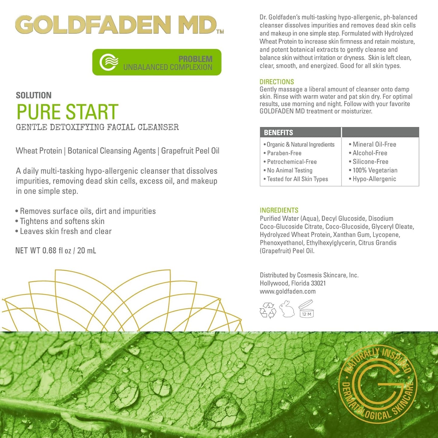 GOLDFADEN MD Pure Start Gentle Detoxifying Natural Facial Cleanser Grapefruit Peel Oil, Organic Red Tea Extract, Seaweed Extract, Rose Hip Seed Oil TRIAL .67 Fl Oz-FemmiqueWomen