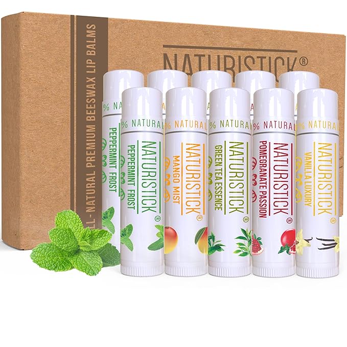 10-Pack Lip Balm Gift Set by Naturistick. Assorted Scents. 100% Natural Ingredients. Best Beeswax Chapsticks for Dry, Chapped Lips. Made in USA for Men, Women and Children-FemmiqueWomen