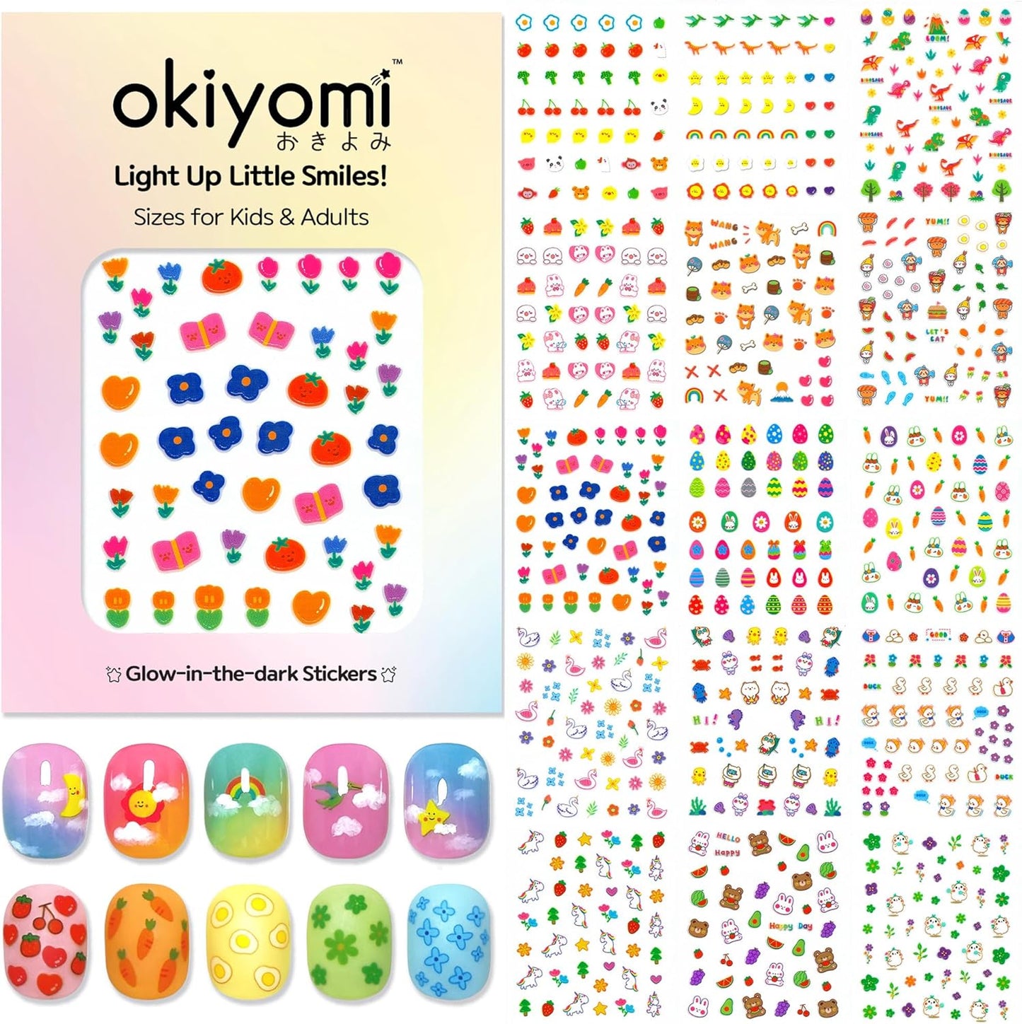 15 Sheets of Nail Stickers for Kids - 735 Cute Nail Stickers - Nail Decals for Girls - Flower, Bunny, Unicorn, Bear, Fruits | Glow in The Dark-FemmiqueWomen