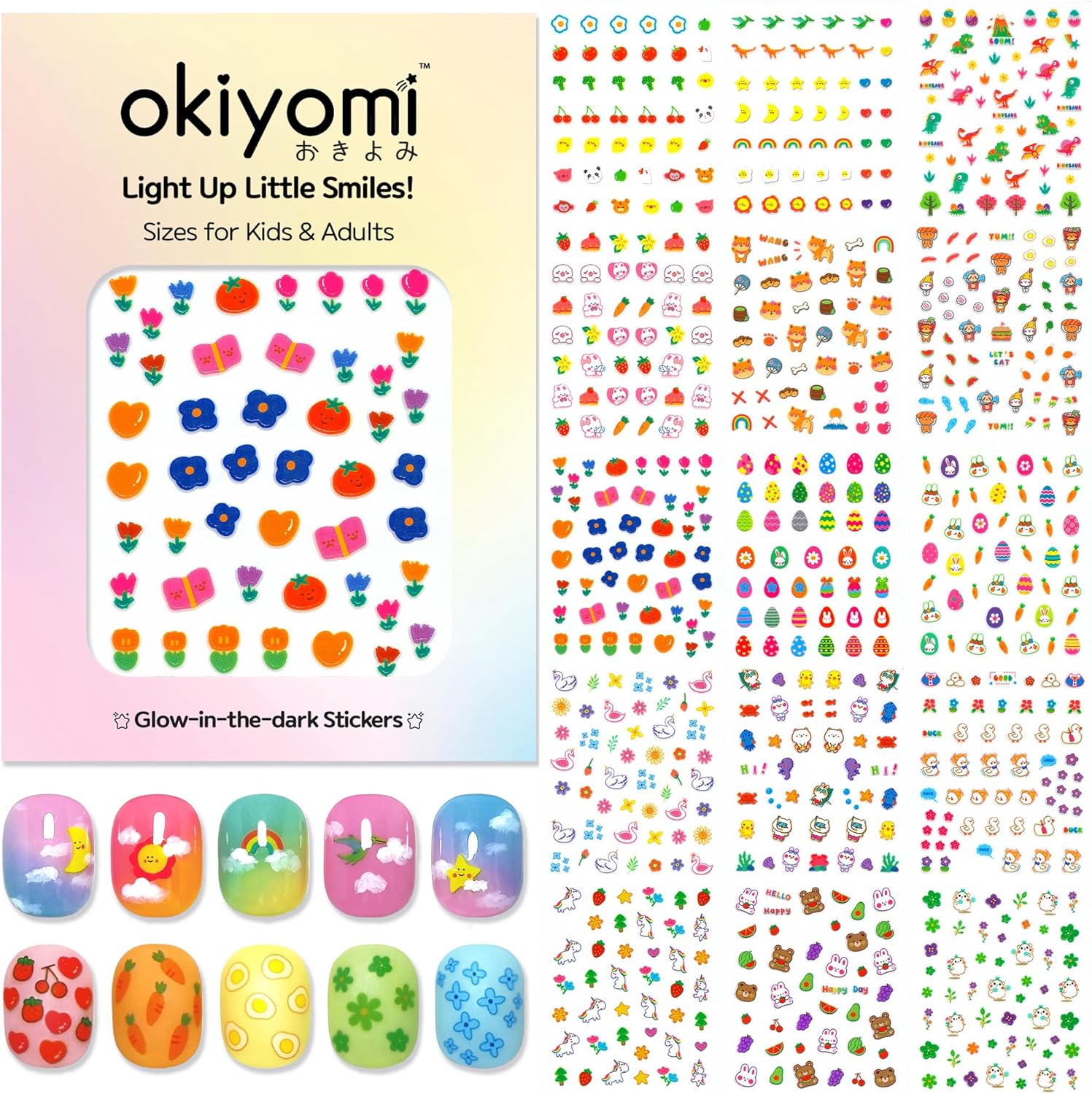 15 Sheets of Nail Stickers for Kids - 735 Cute Nail Stickers - Nail Decals for Girls - Flower, Bunny, Unicorn, Bear, Fruits | Glow in The Dark-FemmiqueWomen