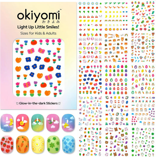 15 Sheets of Nail Stickers for Kids - 735 Cute Nail Stickers - Nail Decals for Girls - Flower, Bunny, Unicorn, Bear, Fruits | Glow in The Dark-FemmiqueWomen
