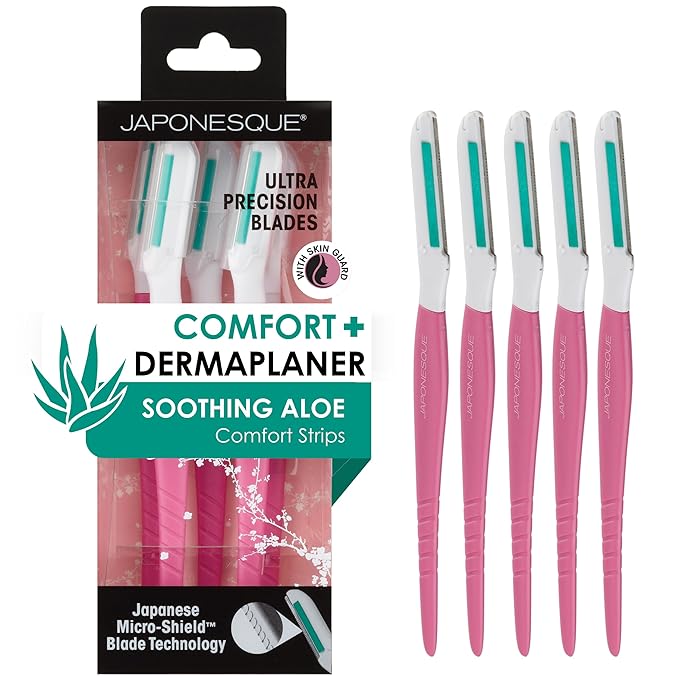 Japonesque Dermaplaner with Soothing Aloe Comfort Strip - Facial Dermaplane Razor, Skin Tool with Ultra Precision Blade for Facial Hair Removal and Exfoliation, 5pk-FemmiqueWomen