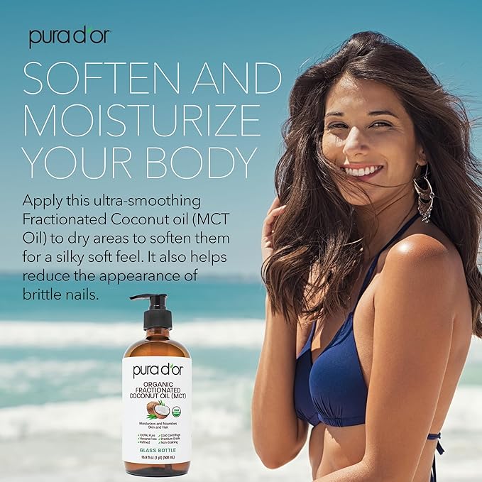 PURA D'OR 16.9 Oz ORGANIC Fractionated Coconut Oil MCT Oil (GLASS BOTTLE) 100% Pure & Natural USDA Certified Cold Pressed - Unscented, Hexane Free Moisturizer For Face, Skin & Hair Tonic - Men & Women-FemmiqueWomen