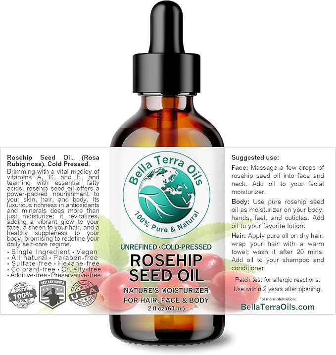 Bella Terra Oils - Organic Rosehip Seed Oil 2 oz - Cold-Pressed Elixir, Rich in Vitamin A, C, & E, Linoleic & Alpha-Linolenic Acid, Perfect Facial Emollient-FemmiqueWomen