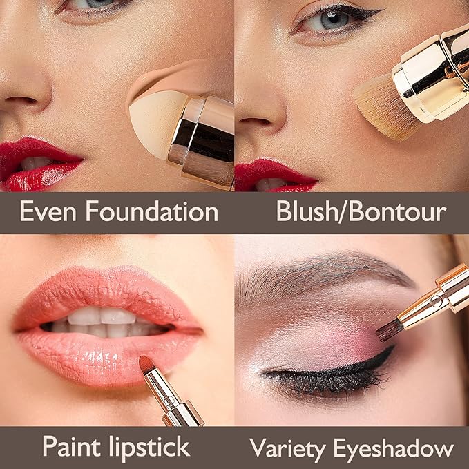 kullder 4 in 1 Makeup Brush Travel Makeup Brushes Blend Sponge, Eyebrow, Eyeshadow & Blush Brushes for Foundation Concealer Double Ended Makeup Brush with Powder Puff Women Ideal Gifts-FemmiqueWomen