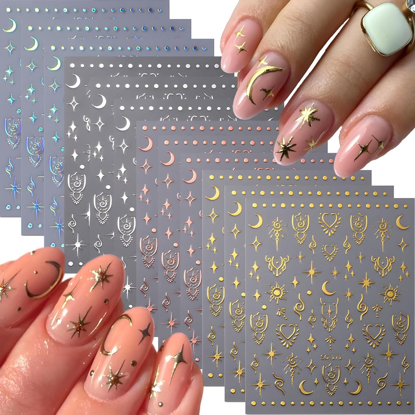 12 Sheets Star Nail Stickers for Nail Art Gold Moon Star Nail Art Stickers Decals 3D Self Adhesive Aurora Nail Decals Silver Star Nail Art Design Decoration Accessories for Women, Style 3-FemmiqueWomen