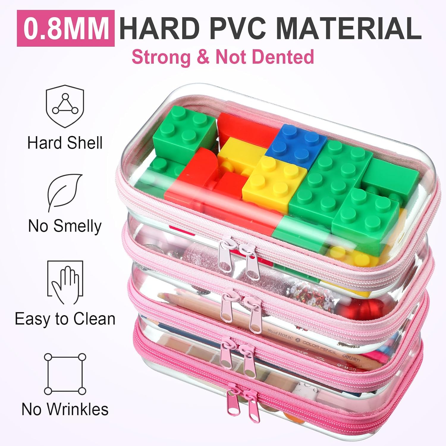 Hoolerry 4 Pcs Hard Clear Zipper Case Makeup Bags Plastic Pencil Pouch Transparent Storage Box Containers for Cosmetics, Snacks, Building Blocks, Puzzles(Pink,7.5 x 3.9 x 2 in)-FemmiqueWomen
