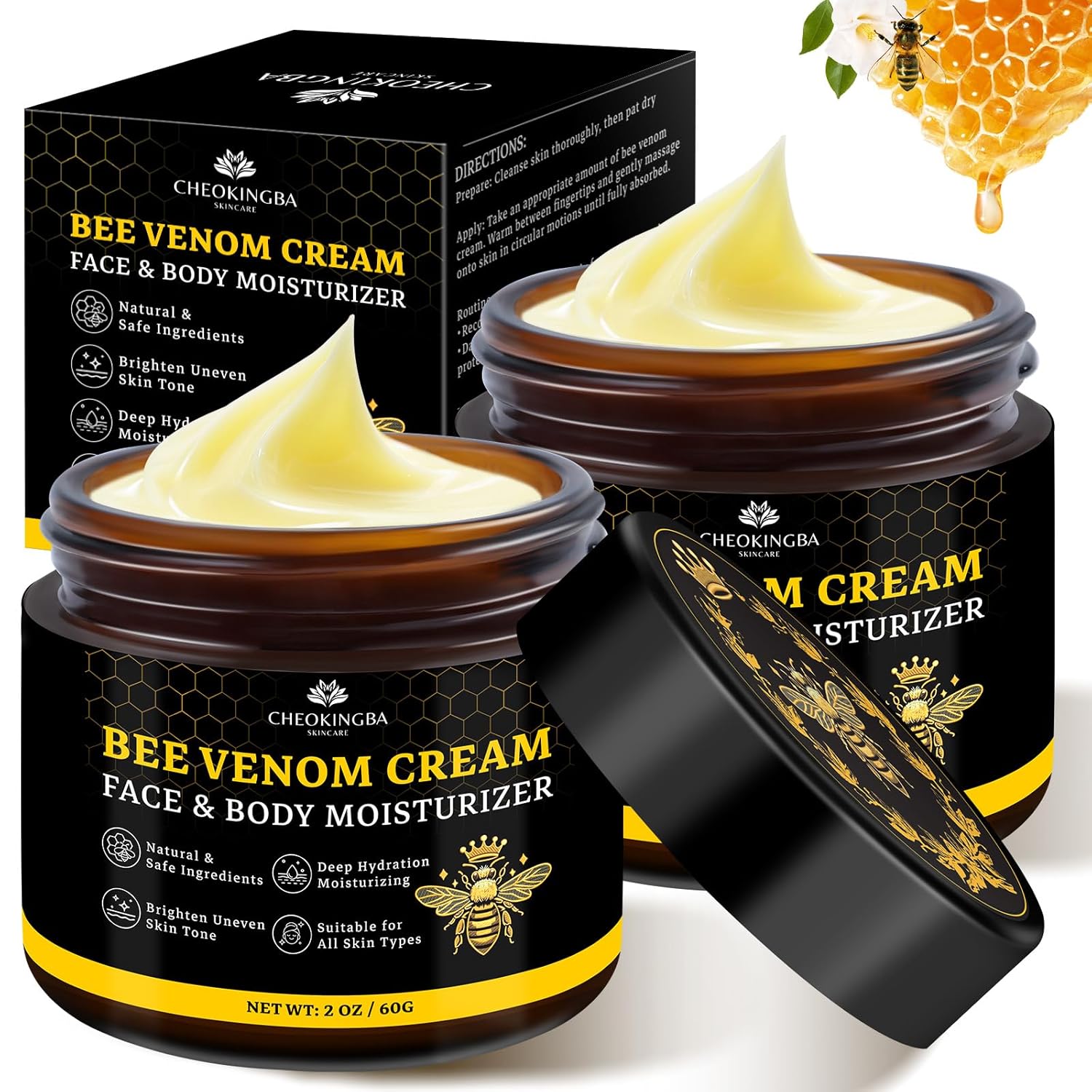 2PCS Bee Venom Comprehensive Cream: Wrinkle Care Face Lift & Firming, Effective In Reducing Skin Blemishes, Natural Care and Non-Irritating, Bee Venom Joint Cream for All Body Parts, 60g * 2PCS-FemmiqueWomen