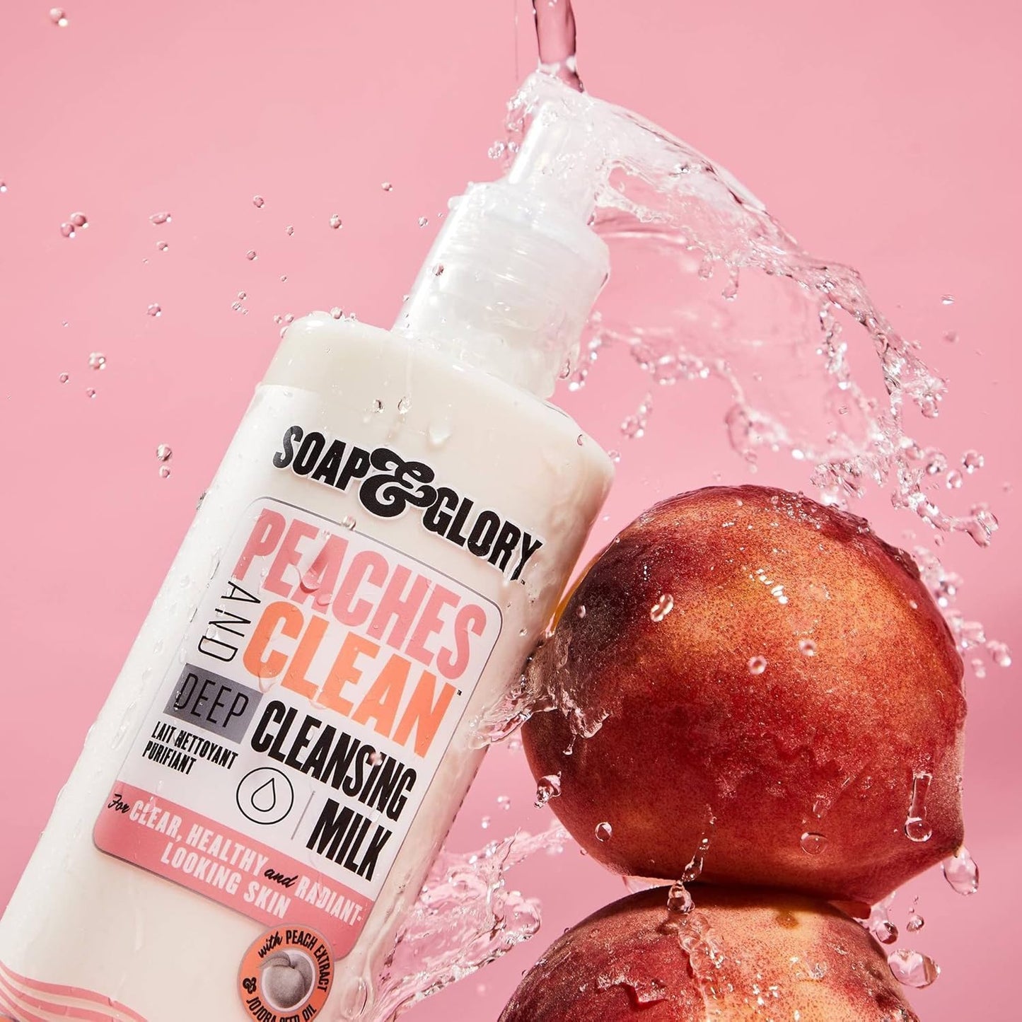 Soap & Glory Peaches & Clean Deep Cleansing Milk - 4 in 1 Milk Cleanser & Makeup Remover with Peach Extract, Ginseng & Jojoba Oil - Hydrating Facial Cleanser for Clarified & Energized Skin (350ml)-FemmiqueWomen