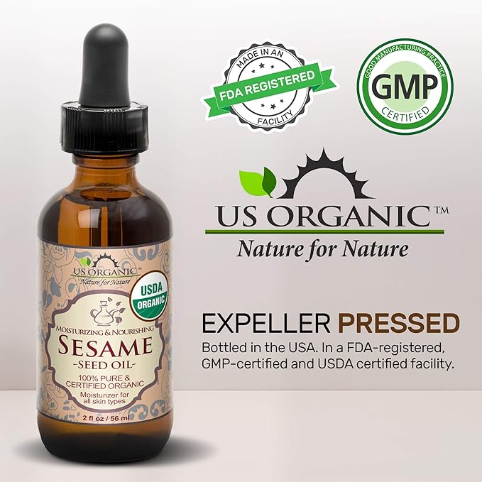US Organic Sesame Seed Oil, USDA Certified Organic, Untoasted, Unrefined Virgin, 100% Pure & Natural, Cold Pressed, in Amber Glass Bottle w/Glass Eye dropper, Sourced from Mexico (4 oz (Large))-FemmiqueWomen