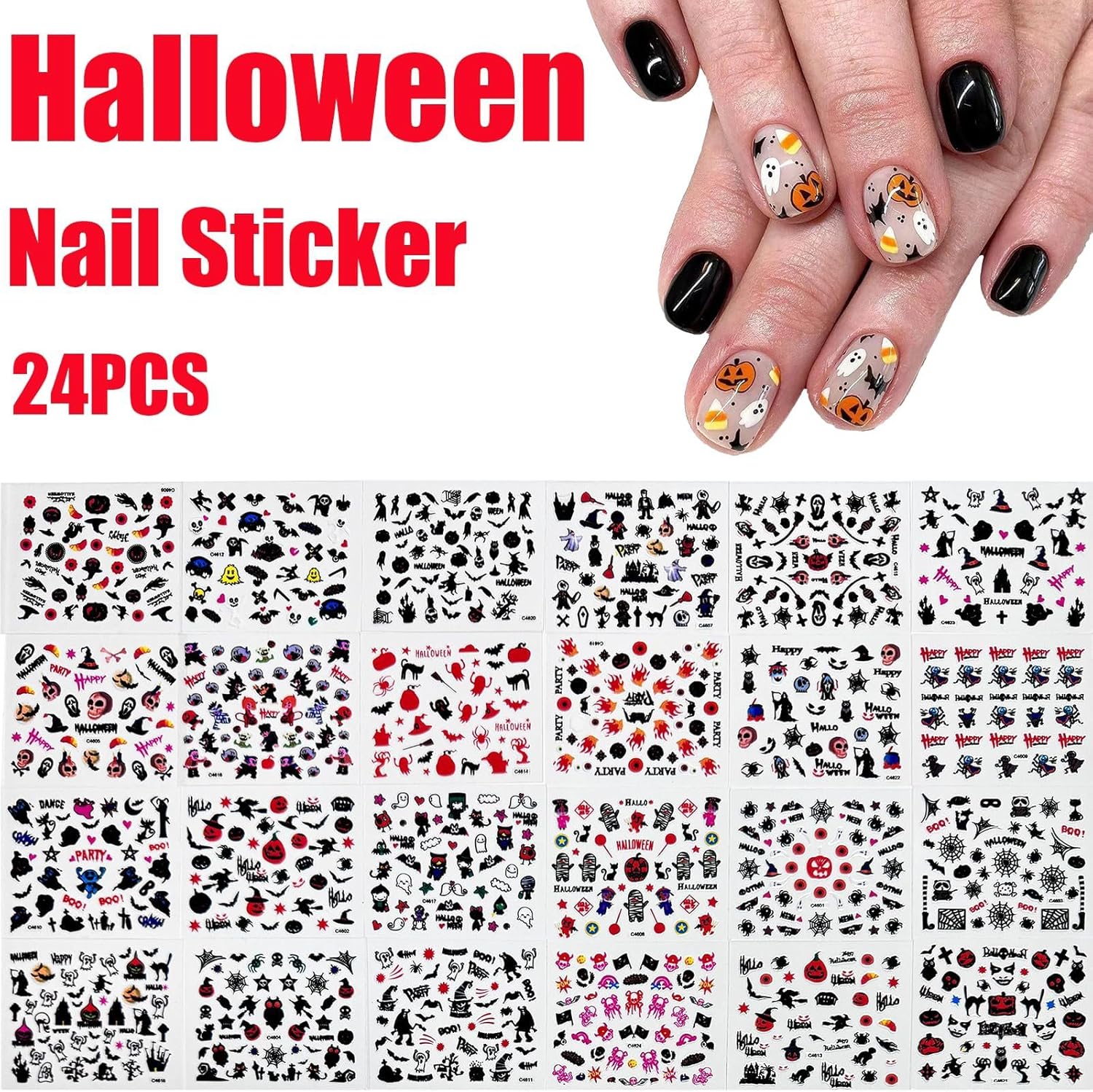 30 Sheets Halloween Nail Stickers Pumpkin Ghost Face Nail Charms Decals 3D Self Adhesive Spider Web Cat Bat Manicure Art Sticker for Acrylic Nails DIY Decorations-FemmiqueWomen