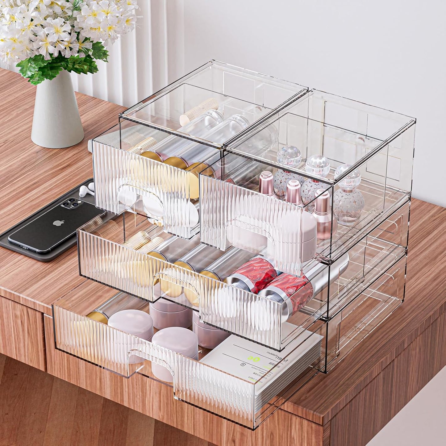 ZHIAI Stackable Storage Box, Acrylic Organizer, Cosmetic Organizer for Cosmetics and Beauty Products for Dressers, Bathrooms, Cabinets, Bedrooms and Home Organization 4 Piece Set-FemmiqueWomen