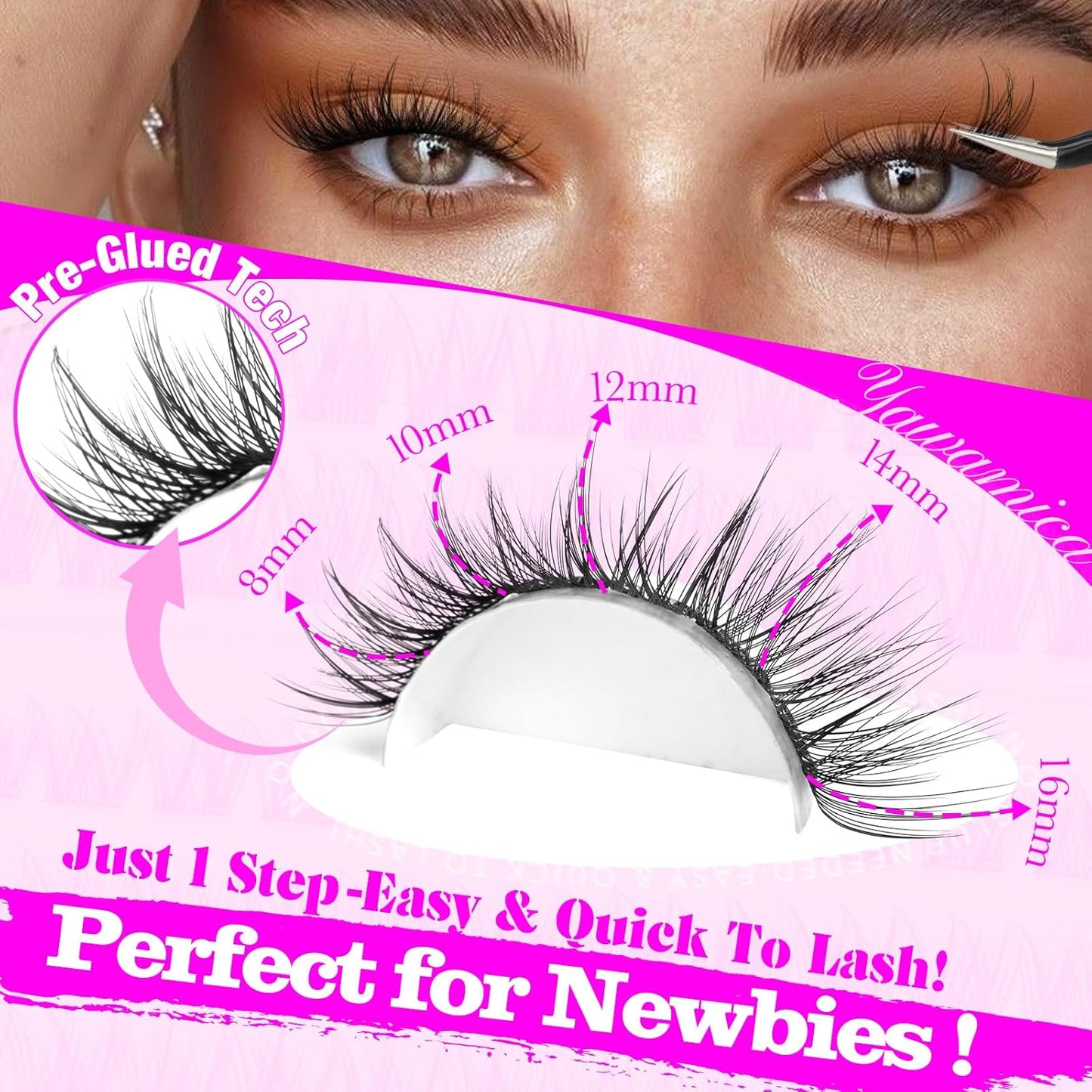 Yawamica Self Adhesive Eyelashes Wispy Lash Clusters No Glue Needed DIY Lash Extension 8-16mm Pre-Glued Eyelash Clusters Reusable Press on Lashes Natural C Curl Individual Lashes DIY Lash for Beginner-FemmiqueWomen