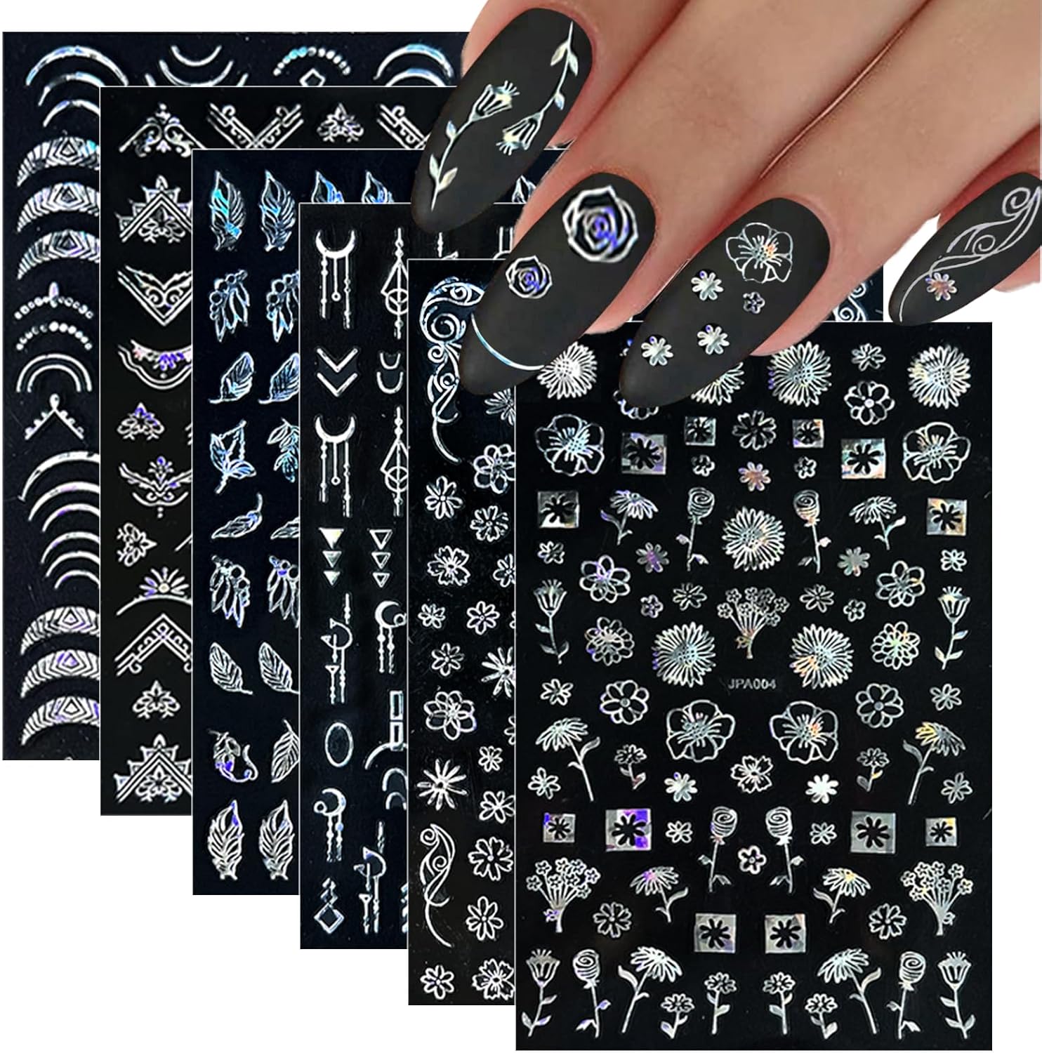 10 Sheets Flower Nail Stickers Silver 3D Self-Adhesive Leaf Art Designs Holographic Laser Manicure Accessories, Style6-FemmiqueWomen