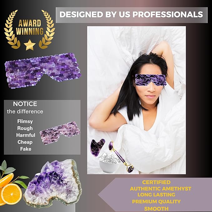 100% Authentic Amethyst Mother's day Gift Set Amethyst Eye Mask Amethyst Jade Roller & Gua Sha Set Facial Mask Instant Puffiness promote relaxation and relief stress.-FemmiqueWomen
