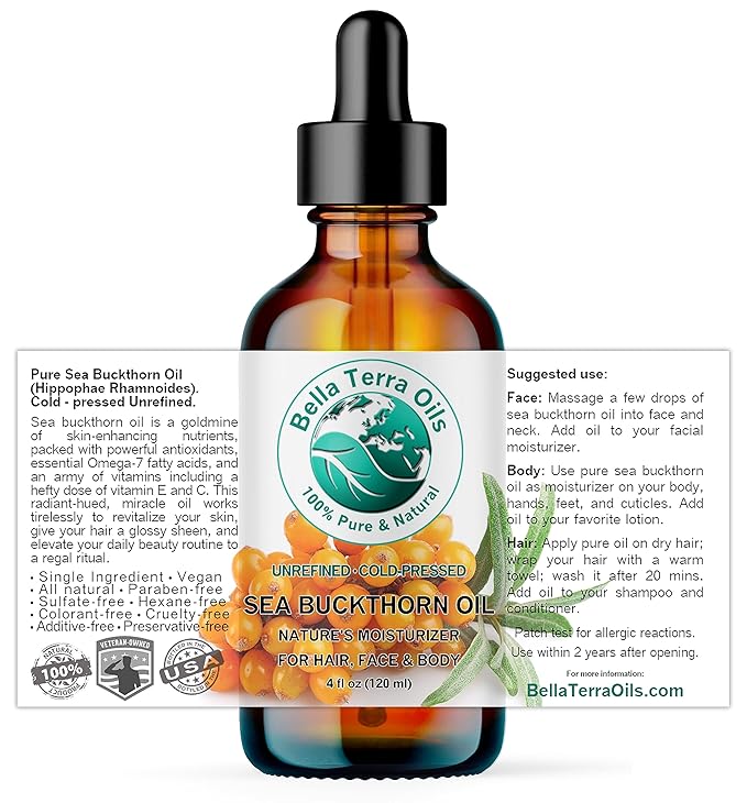 Bella Terra Oils - Sea Buckthorn Oil 4 oz - Unlock the Gold Standard in Skincare, Infused with Omega-3, Omega-6 & Carotenoids, Elevate Your Cosmetic Routine-FemmiqueWomen
