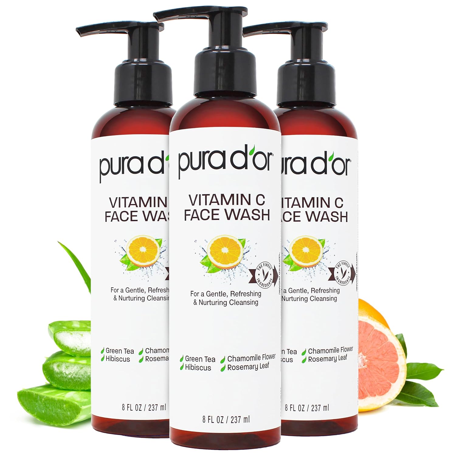 PURA D'OR Vitamin C Face Wash (8oz x3 = 24oz) Antioxidant Rich Facial Cleanser For Radiant Glow & Even Skin Tone - Gentle, Refreshing, Nurturing, Hydrating, Sulfate & Paraben Free Formula-FemmiqueWomen