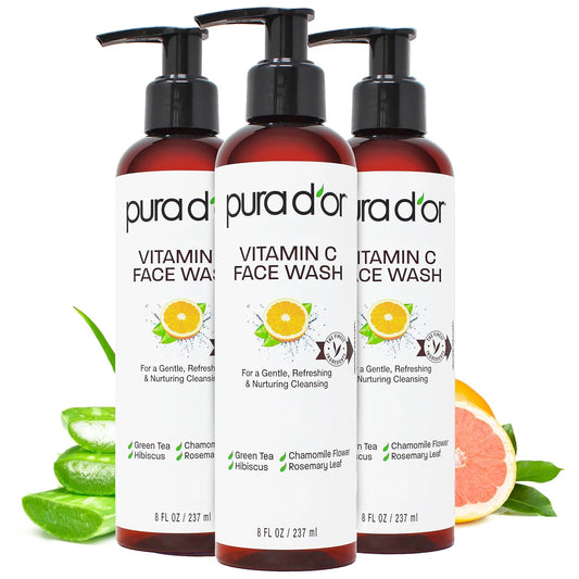 PURA D'OR Vitamin C Face Wash (8oz x3 = 24oz) Antioxidant Rich Facial Cleanser For Radiant Glow & Even Skin Tone - Gentle, Refreshing, Nurturing, Hydrating, Sulfate & Paraben Free Formula-FemmiqueWomen