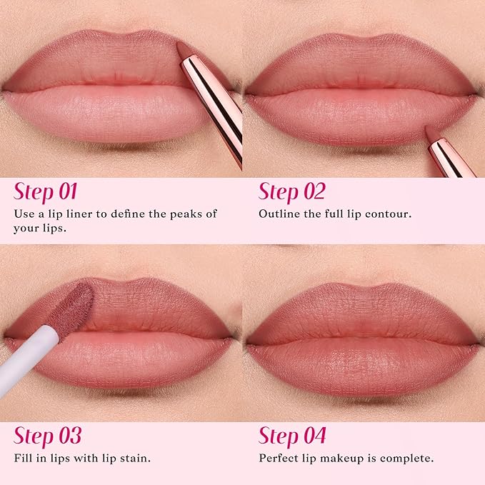 2 PCS Lip Liner and Lip Stain Combo Set, High Pigmented Long Lasting Velvet Lip Tint, Well-Defined Lipliner, Weightless Waterproof Not Animal Tested, Matte Finish Makeup-FemmiqueWomen