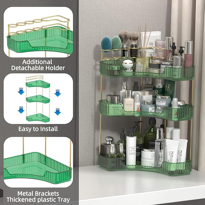 3 Tier Corner Bathroom Organizer Countertop, Vanity Makeup Organizer with Brush Holder, Space-Saving Skincare Storage Corner Shelf for Bathroom, Dressing Table, Kitchen-FemmiqueWomen