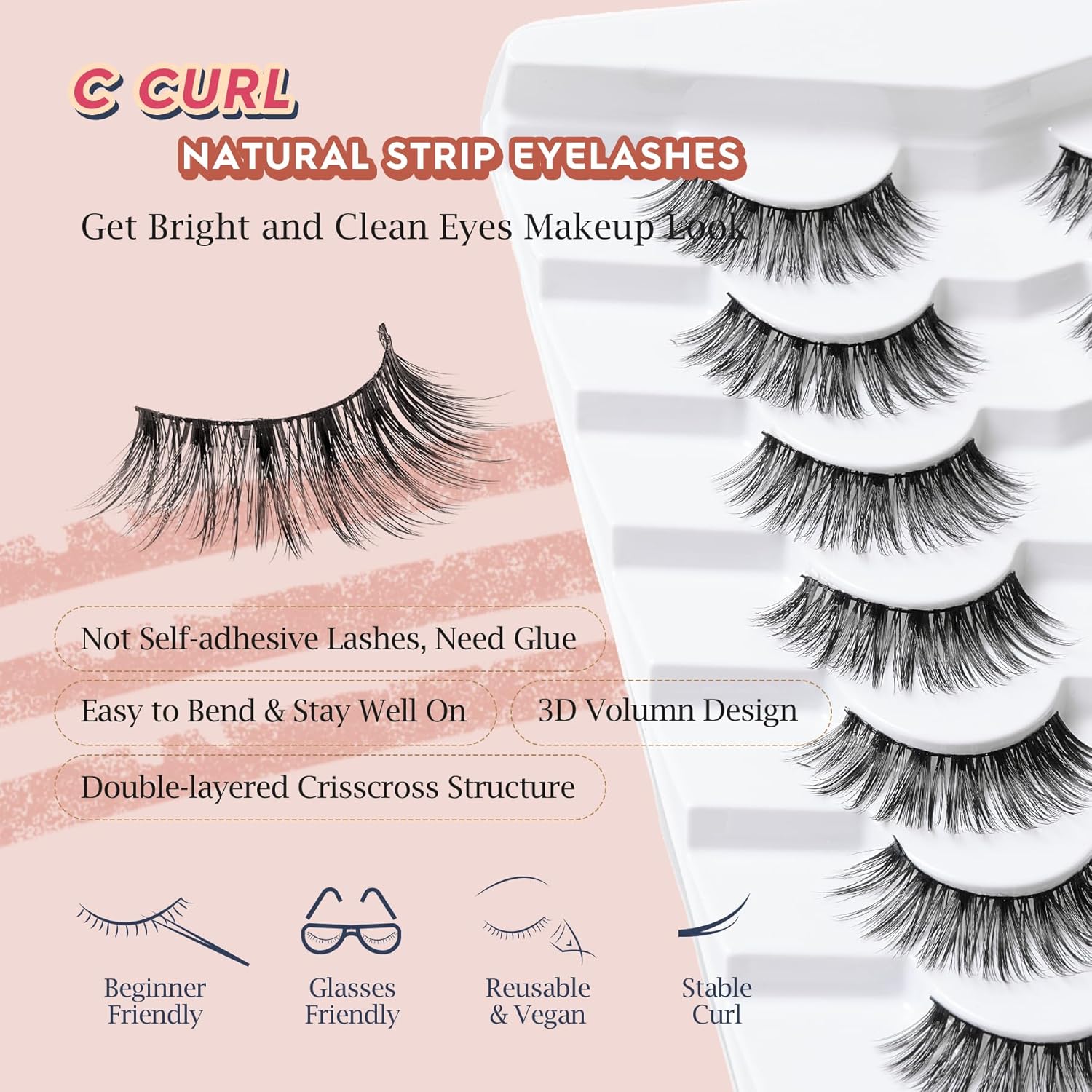 Lashes Wispy False Eyelashes Natural Volume Fluffy Lashes 12MM Strip Eyelashes with Thin Band C Curl Eyelashes False Eye Lashes Pack 7 Pair Siligli-FemmiqueWomen
