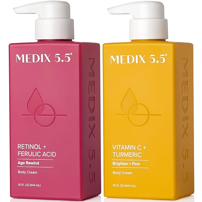 Medix 5.5 Retinol Body Cream + Vitamin C Lotion Anti Aging Moisturizer Skincare Set, Retinol Lotion Targets Wrinkles, Sagging Skin, Crepey Skin, Vitamin C Cream Brightens & Hydrates Dry Skin, Bundle-FemmiqueWomen