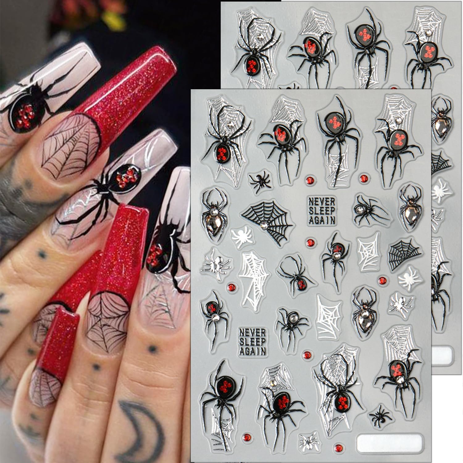 2 Sheets Spider Nail Decals for Nail Art Embossed Halloween Nail Stickers with Rhinestones Designs 5D Horror Spider Nail Art Stickers Self-Adhesive Halloween Holiday Nail Supplies for Women-FemmiqueWomen