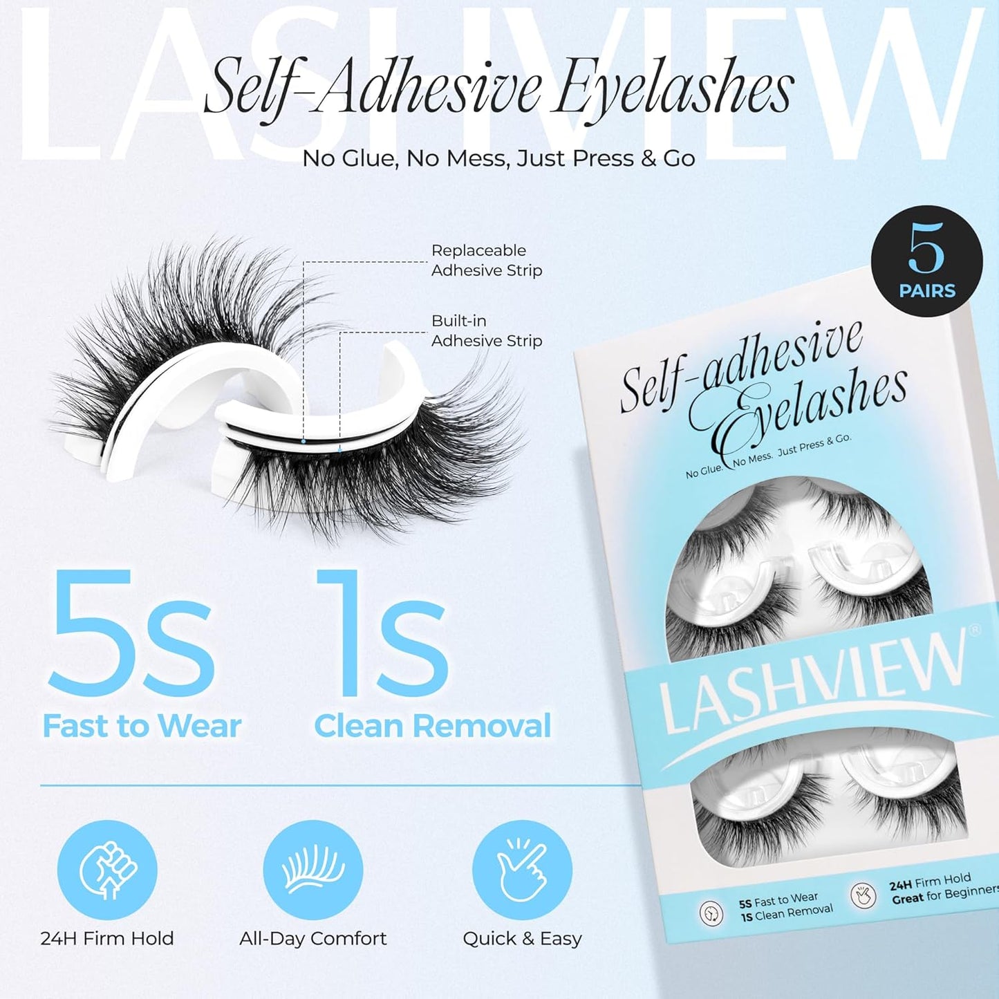 LASHVIEW Self Adhesive Eyelashes 5 Pairs Cat Eye Wispy Self-adhesive False Lashes Reusable Natural Look Press On Lashes No Glue Need Eyelashes with Replacement Adhesive Strips (CV131)-FemmiqueWomen