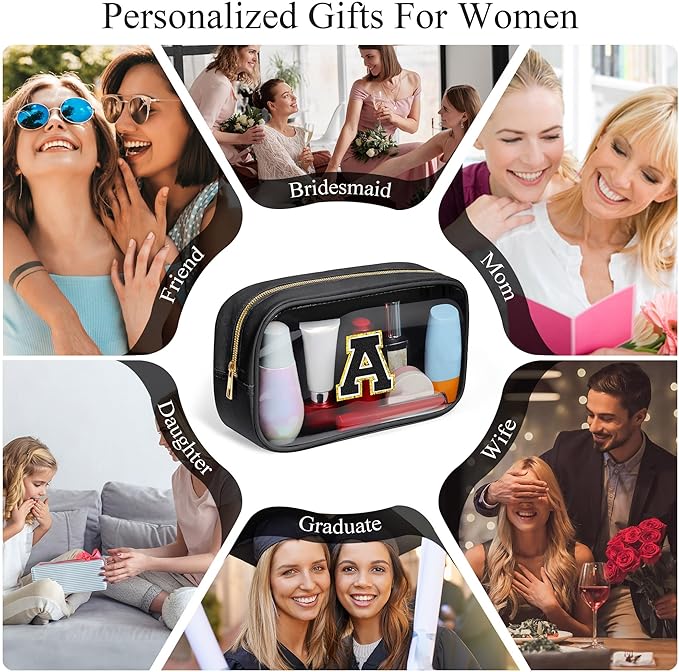 YOOLIFE Initial Travel Makeup Bag Pouch, Clear Toiletry Bag for Women Travel Accessories Cosmetic Bag Skin Care for Teen Make Up Bags Birthday Gifts for Women Unique Teacher Mom Friends Gifts Black R-FemmiqueWomen