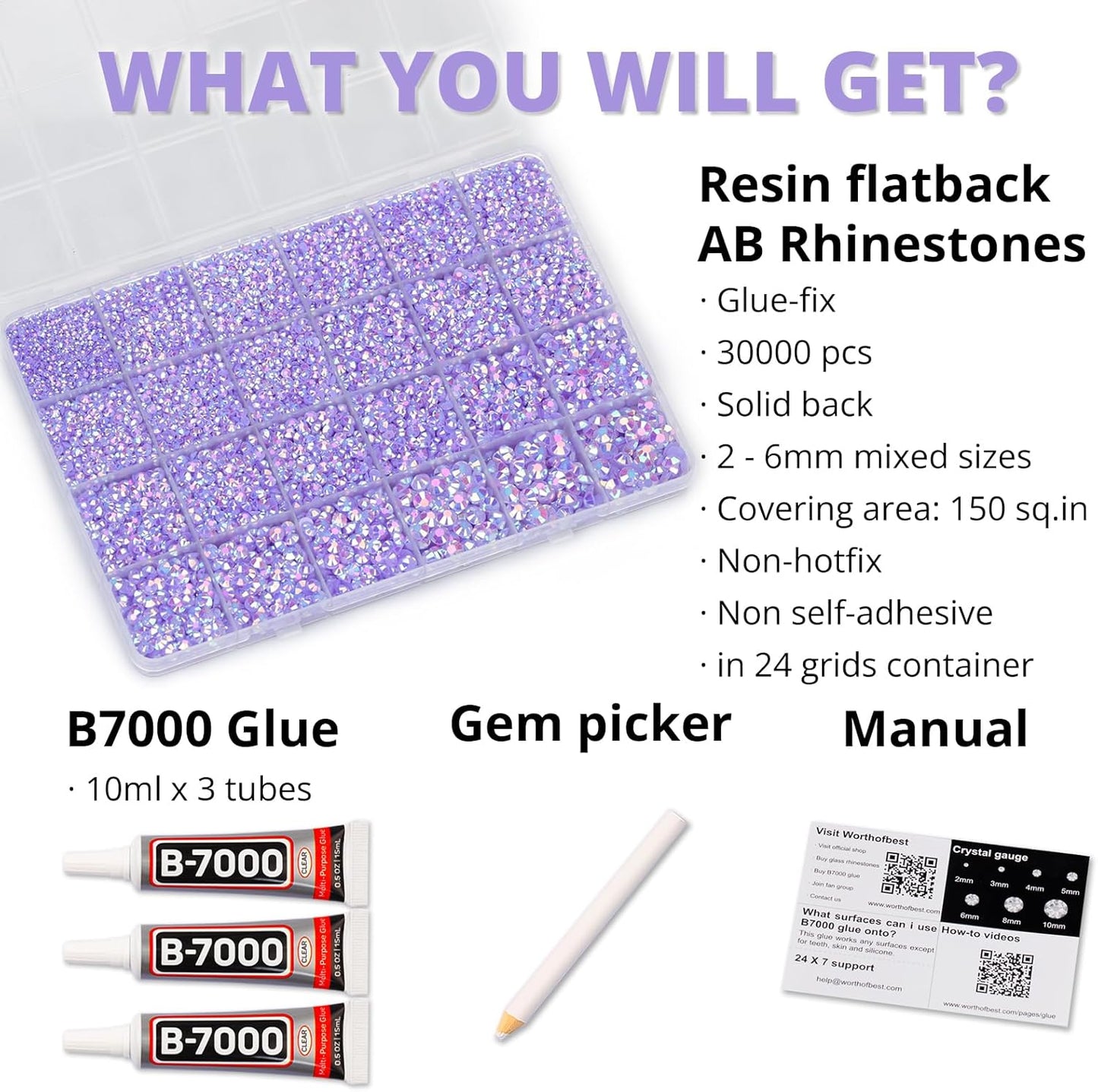 30000Pcs Resin Jelly Rhinestones Set for Crafting Bedazzling, Light Purple AB Flatback Gems Jewels for Crafts Clothes Shoes Fabric Outfit Nails Makeup, Flat Back Lavender Crystal 2-6mm with b7000 Glue-FemmiqueWomen