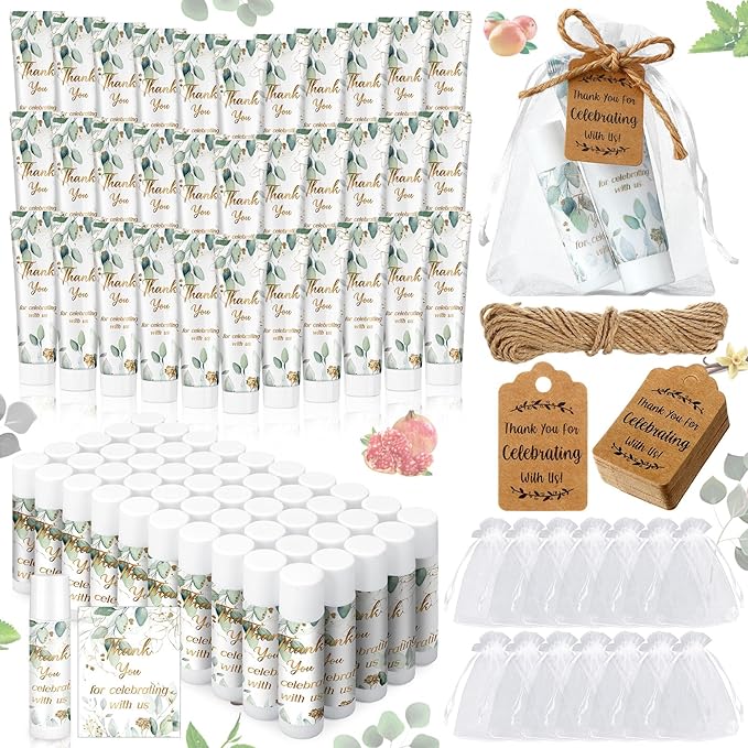 200 Pcs Baby Shower Wedding Party Favors Gift Set, 50 Pcs Baby Shower Hand Cream and 50 Lip Balm for Wedding Bridesmaid Guests Gift Supplies with 50 Organza Bag 50 Thank You Tag(Eucalyptus)-FemmiqueWomen