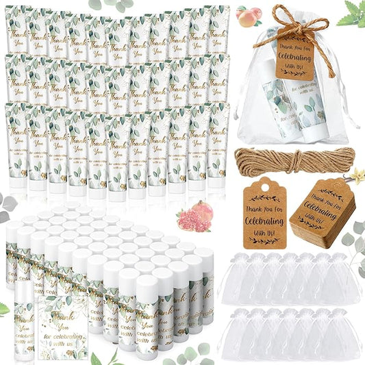 200 Pcs Baby Shower Wedding Party Favors Gift Set, 50 Pcs Baby Shower Hand Cream and 50 Lip Balm for Wedding Bridesmaid Guests Gift Supplies with 50 Organza Bag 50 Thank You Tag(Eucalyptus)-FemmiqueWomen