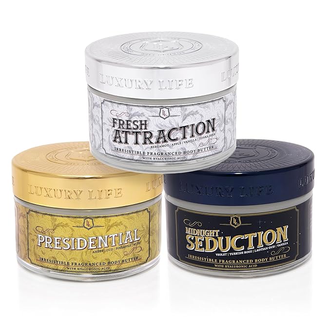 LUXURY LIFE BUTTER - Irresistibly Scented Body Butter with Hyaluronic Acid for Ultimate Moisture. Hydrates for a Non-Greasy Glamorous Glow (Presidential, Fresh Attraction, Midnight Seduction 5 oz)-FemmiqueWomen