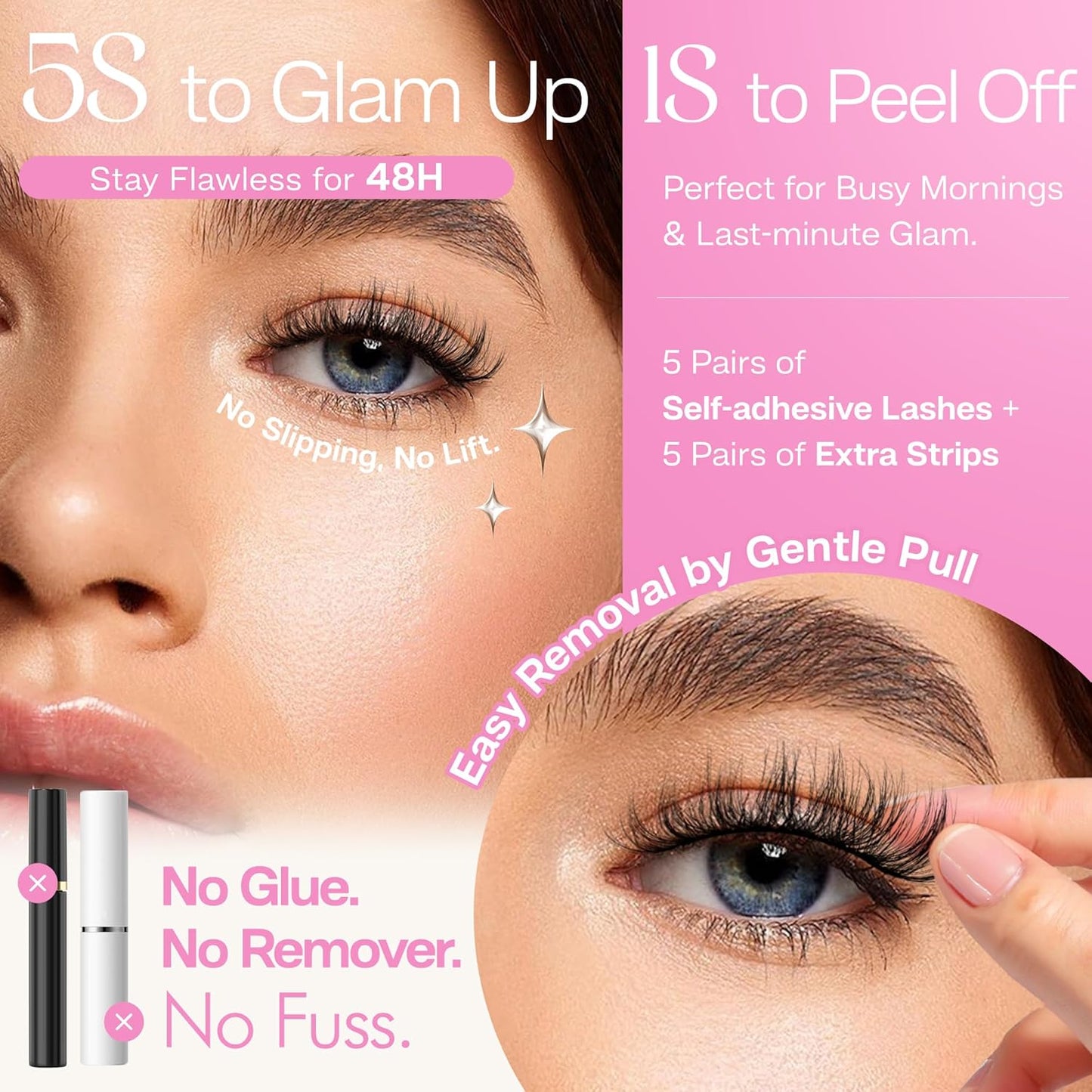 CALAILIS Self Adhesive Eyelashes 5 Pairs Natural Look Press On Lashes No Glue Need Eyelashes Reusable Cat Eye Wispy Self-adhesive False Lashes with Replacement Adhesive Strips (C131)-FemmiqueWomen