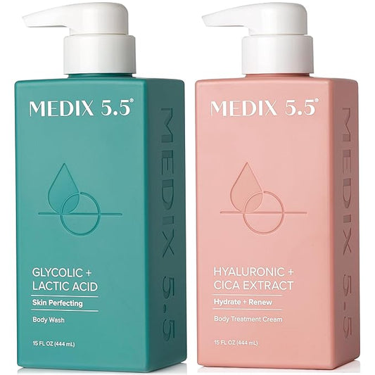 Medix 5.5 Exfoliating AHA Glycolic Acid Face & Body Scrub Cleanser + Hyaluronic Acid Moisturizing Body Cream Lotion Skin Care 2PC Set | Alpha Hydroxy Acid & Lactic Acid Foaming Body Wash & Face Wash-FemmiqueWomen