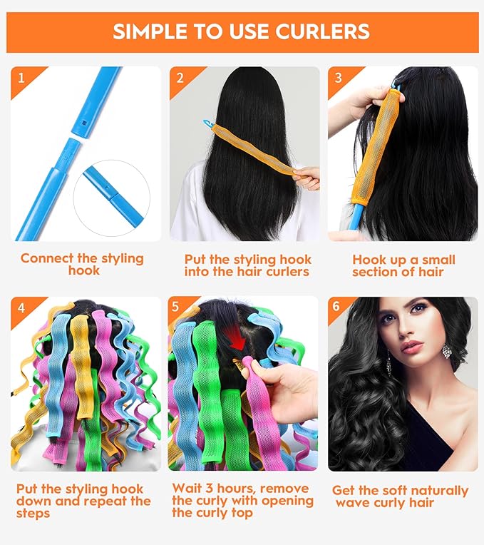 30 Pcs Heatless Hair Curlers Wave Curls Styling Kit with 2 Pcs Styling Hooks, No Heat Hair Curlers Heatless Wave Curlers for Women Girls Short Hair (6 Colors, 25 cm/9.84 inch)-FemmiqueWomen
