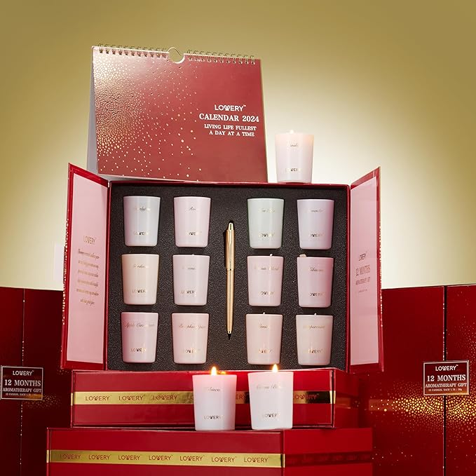 Womens Gifts, Candle Gifts for Women with 2024 Wall Calendar, 12 Unique Scented Aromatherapy Soy Candles & Gold Pen, 12 Month Advent Calendar, Home Candle Birthday Gift Set for Women & Men-FemmiqueWomen