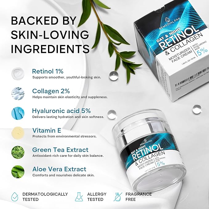 Face Moisturizer Retinol Cream, Anti Aging Neck Firming Cream, Collagen Day & Night Face Cream with Hyaluronic Acid for Women & Men, 1.85 Fl Oz-FemmiqueWomen