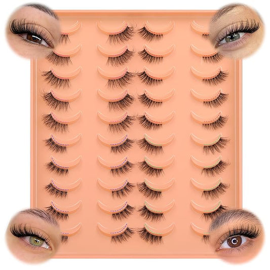 JIMIRE 20 Pairs Hlaf False Eyelashes with Clear Band Half Lashes Wispy Short Accent Lashes 4 Styles Mixed Cat Eye Mink Lashes Fluffy 3/4 Corner Fake Half Lashes Cat Eye Natural Look-FemmiqueWomen