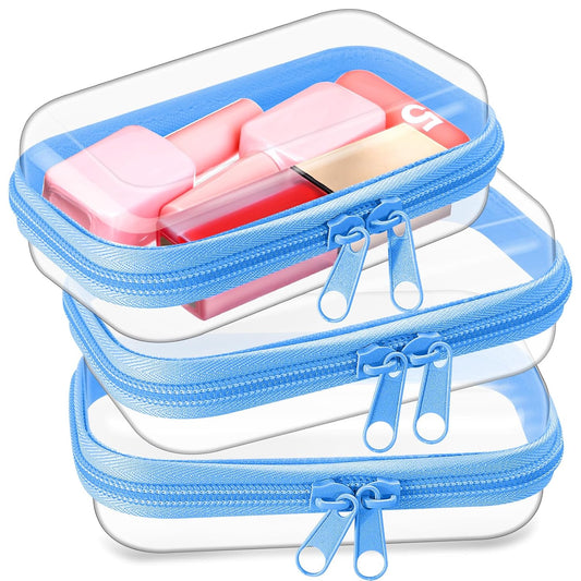Hoolerry 3 Pcs Clear Hard Zipper Case Plastic Pouch Transparent Hard Case Clear Makeup Bag Portable Travel Organizer Bin for Cosmetics, Building Blocks, Puzzles(Blue,Xs)-FemmiqueWomen