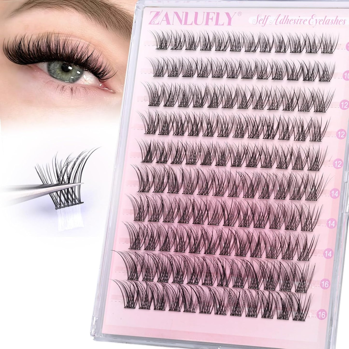 Self Adhesive Eyelashes Natural Self Adhesive Lash Clusters Pre-glued Eyelashes Clusters C-Curly No Glue Lashes Wispy Cluster Lashes 10-16MM DIY Individual Lashes by zanlufly-FemmiqueWomen