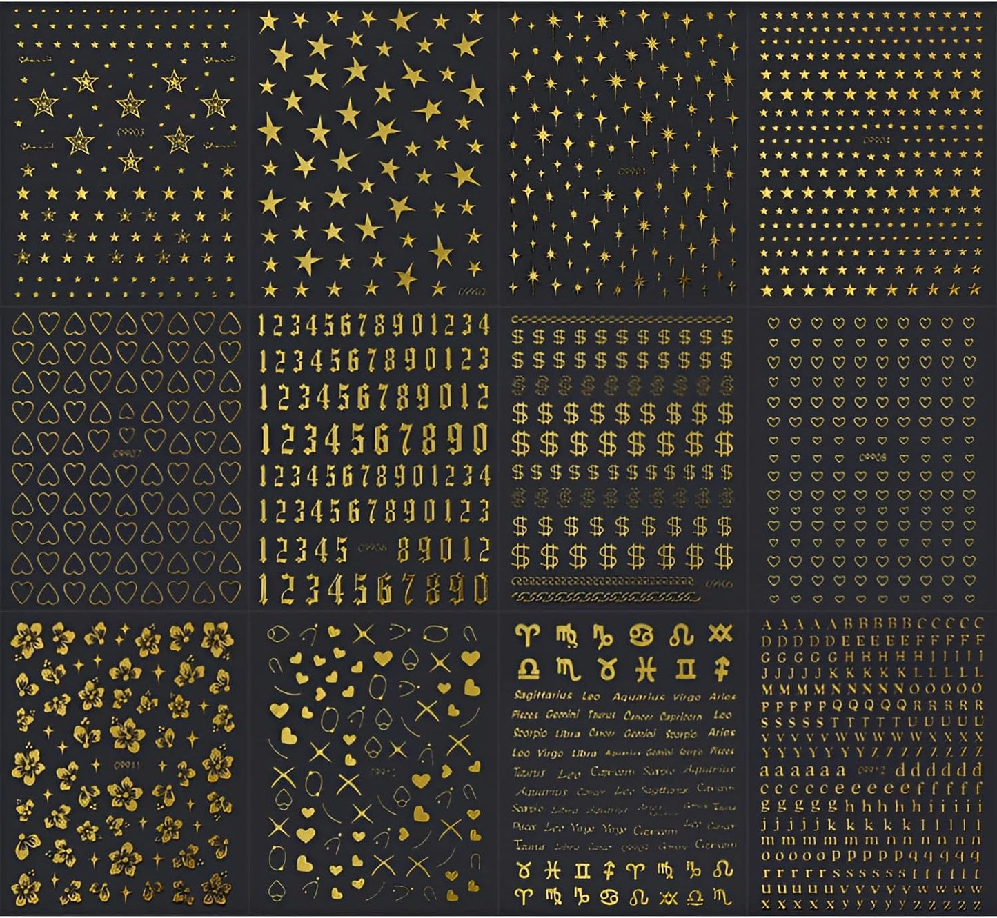 12 Sheets Gold Nail Art Stickers Decals 3D Self Adhesive Letter Heart Nail Decals,Flower Star Nail Stickers,Gold Nail Stickers for Nail Art,Nails Supplies for Women Girls-FemmiqueWomen