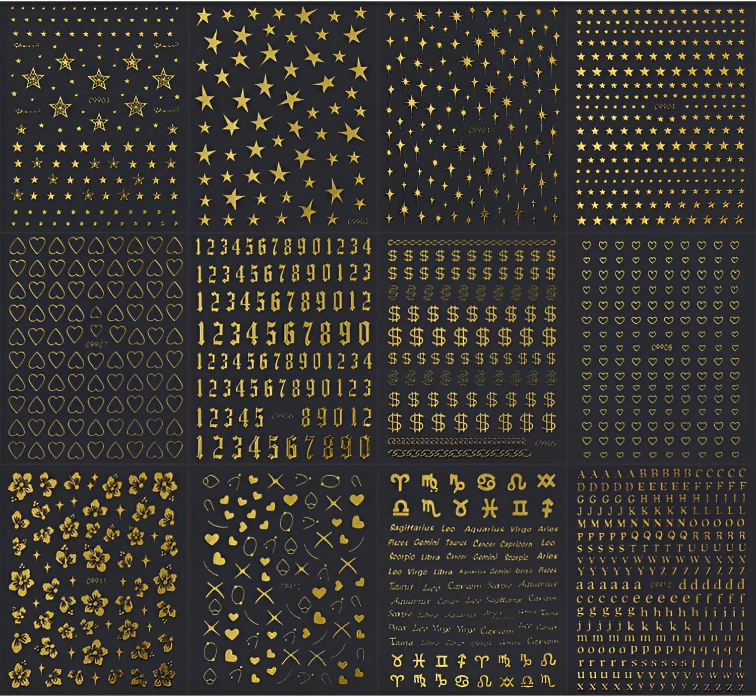 12 Sheets Gold Nail Art Stickers Decals 3D Self Adhesive Letter Heart Nail Decals,Flower Star Nail Stickers,Gold Nail Stickers for Nail Art,Nails Supplies for Women Girls-FemmiqueWomen