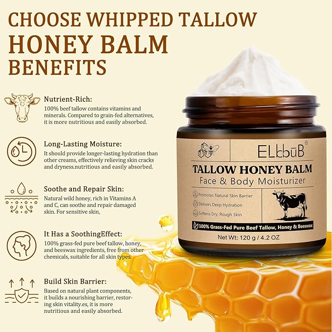 Whipped Tallow Cream for Face & Body - 100% Grass-Fed Beef Tallow, Natural Honey & Beeswax Moisturizer, Deep Hydration & Nourishment, Oil-Free & Unscented, Fast Absorbing-FemmiqueWomen