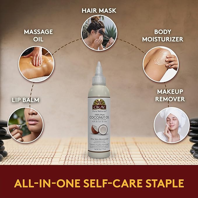 Okay 100% Pure Coconut Oil for Hair & Skin - Coconut Oil for Women & Men, Perfect for Body & Face, for Massage & Moisturizer, Natural - 6 Fl Oz Squeeze Bottle (Pack of 1)-FemmiqueWomen