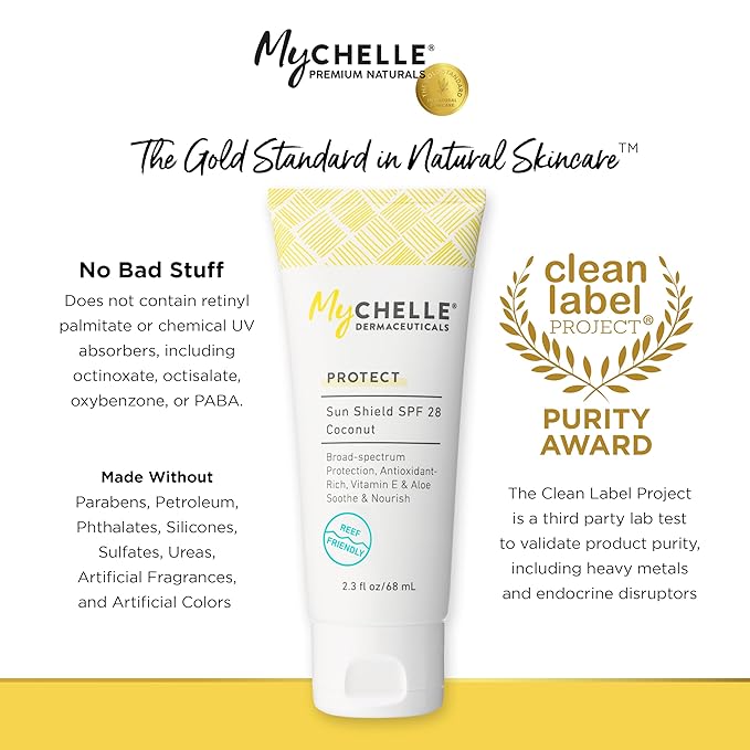 MyCHELLE Dermaceuticals Sun Shield SPF 28 Coconut (2.3 Fl Oz) - Soothing Reef Safe Sunscreen with Vitamin E and Aloe - Travel Size Zinc Sunscreen for Face and Body-FemmiqueWomen