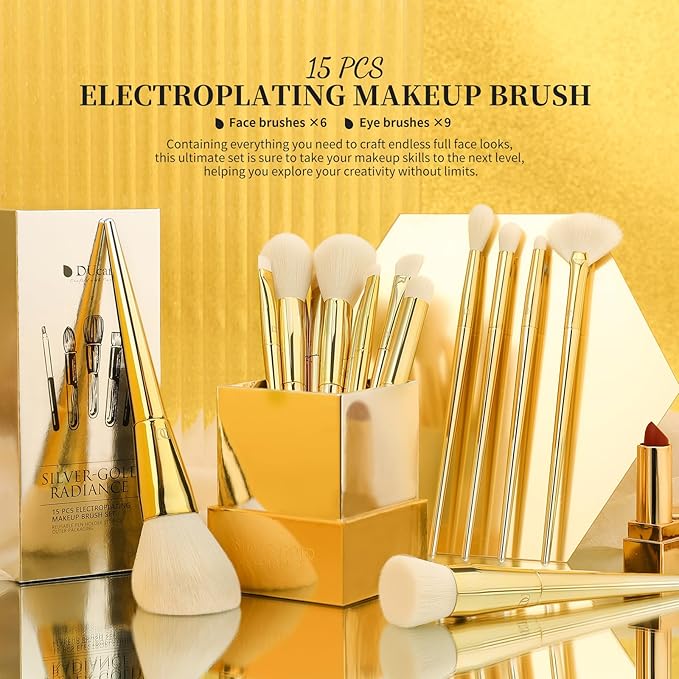 DUcare Makeup Brushes 15Pcs Makeup Brush Set with Holder Premium Synthetic Powder Foundation Contour Blush Concealer Eye Shadow Blending Liner Make Up Brush Kit gold-silver-FemmiqueWomen
